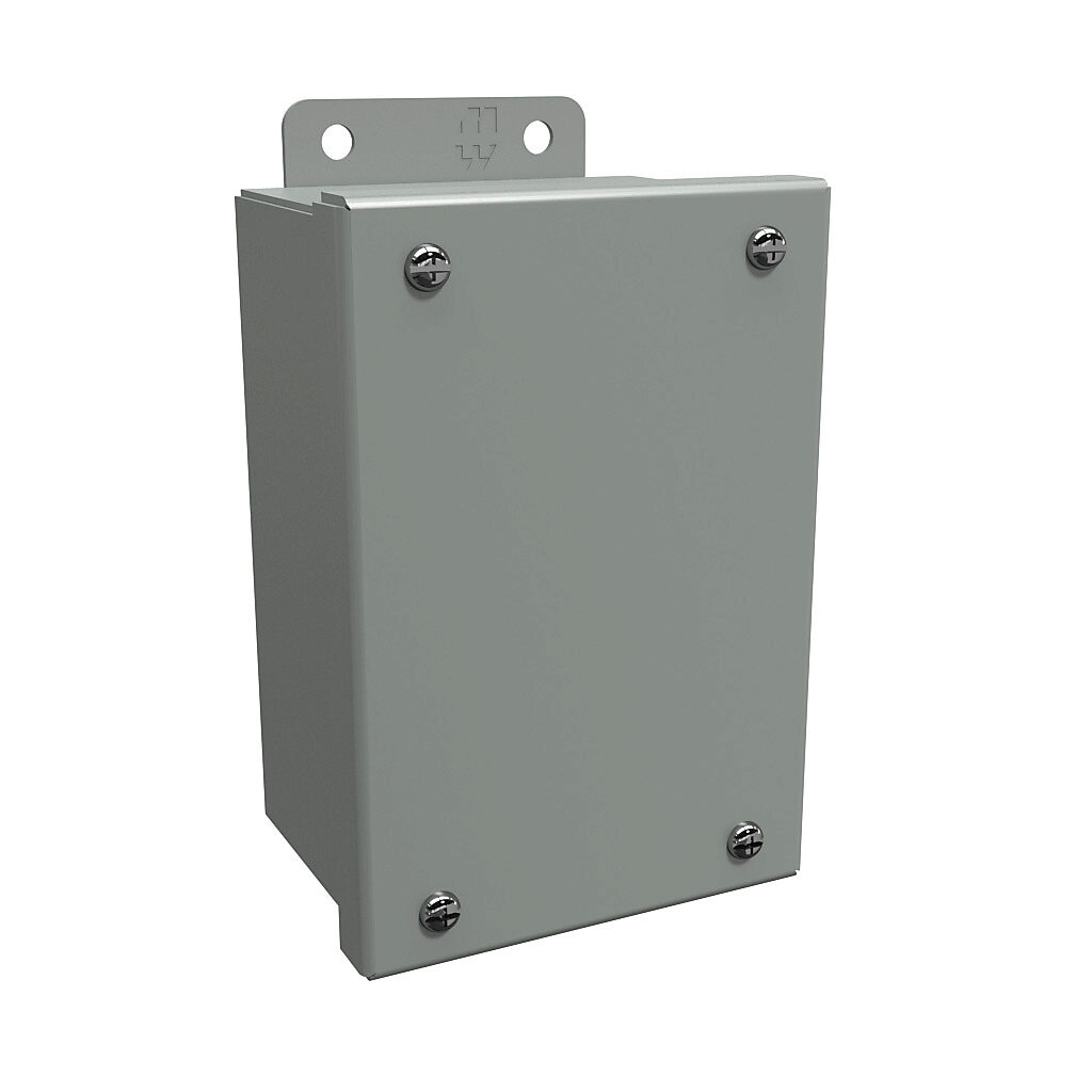 1414SCC - Hammond enclosure, NEMA 12/13, 6 x 4 x 3in (HxWxD), wall mount, carbon steel, ANSI 61 gray, powder coat finish, screw cover.