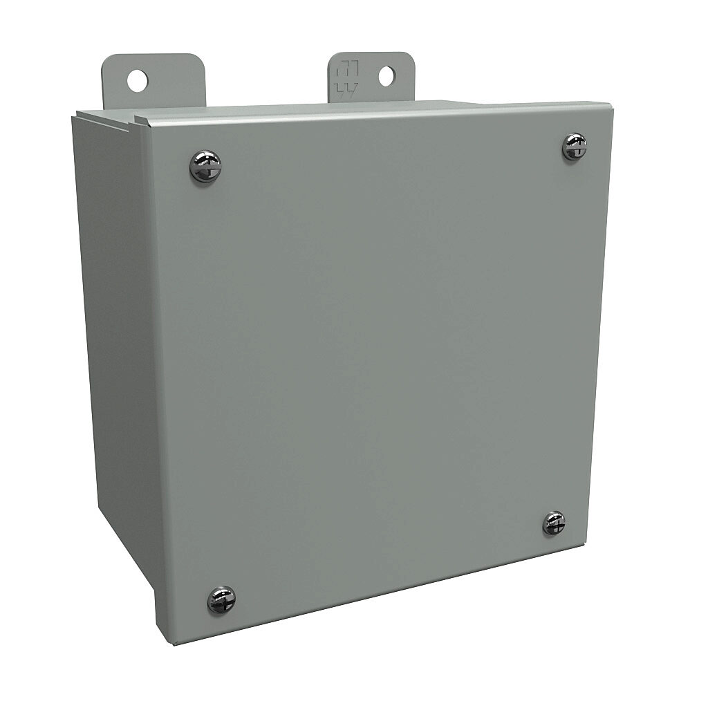 1414SCE - Hammond enclosure, NEMA 12/13, 6 x 6 x 4in (HxWxD), wall mount, carbon steel, ANSI 61 gray, powder coat finish, screw cover.