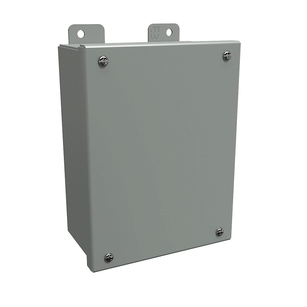 1414SCG - Hammond enclosure, NEMA 12/13, 8 x 6 x 3.5in (HxWxD), wall mount, carbon steel, ANSI 61 gray, powder coat finish, screw cover.