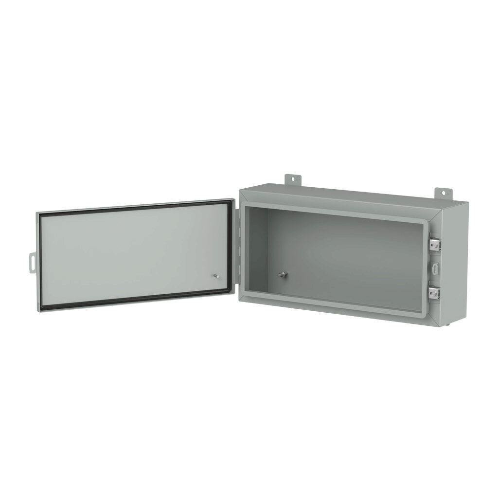 1418A6LP - Hammond enclosure, NEMA 3R/4/12/13, 12 x 24 x 6in (HxWxD), wall mount, carbon steel, ANSI 61 gray, powder coat finish, single-door, stainless steel clamps, padlock hasp and staple.