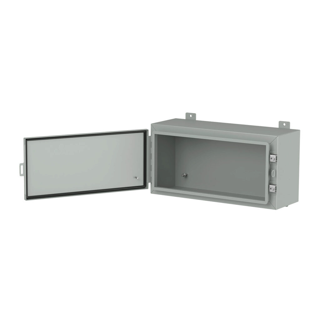 1418A8LP - Hammond enclosure, NEMA 3R/4/12/13, 12 x 24 x 8in (HxWxD), wall mount, carbon steel, ANSI 61 gray, powder coat finish, single-door, stainless steel clamps, padlock hasp and staple.