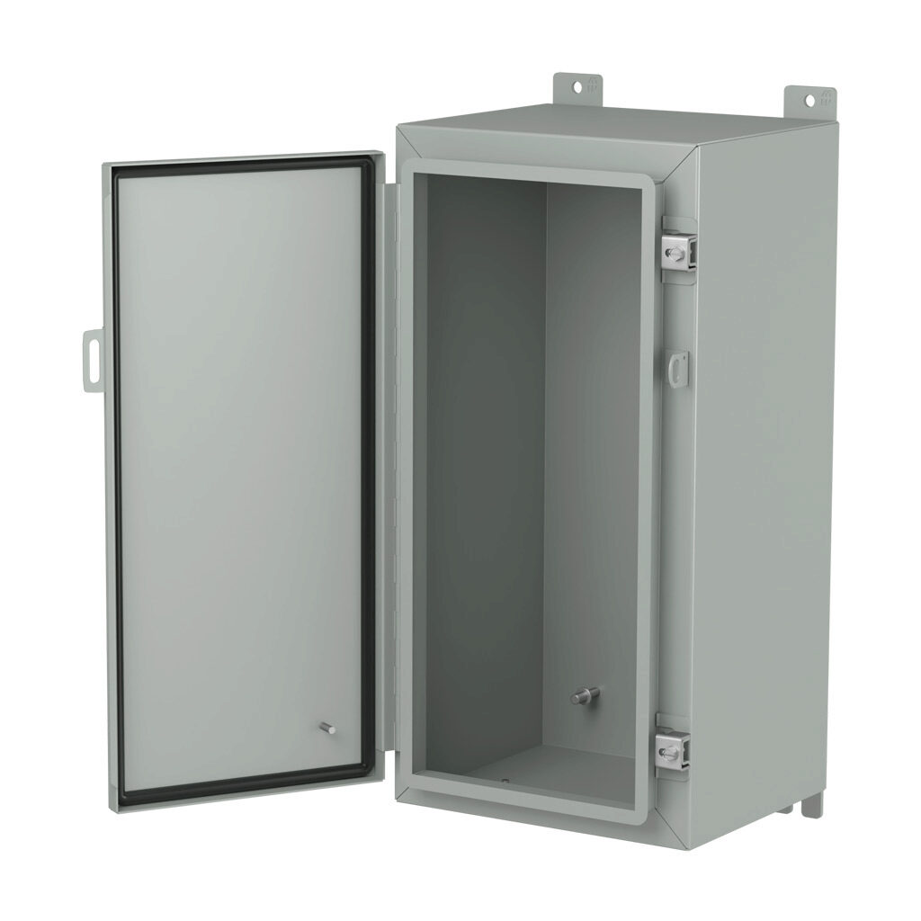 1418AR10LP - Hammond enclosure, NEMA 3R/4/12/13, 24 x 12 x 10in (HxWxD), wall mount, carbon steel, ANSI 61 gray, powder coat finish, single-door, stainless steel clamps, padlock hasp and staple.