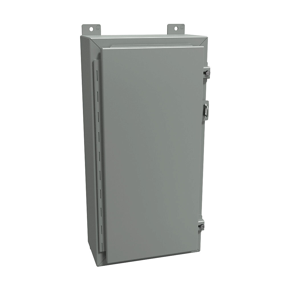 1418AR6 - Hammond enclosure, NEMA 12/13, 24 x 12 x 6in (HxWxD), wall mount, carbon steel, ANSI 61 gray, powder coat finish, single-door, stainless steel clamps, padlock hasp and staple.