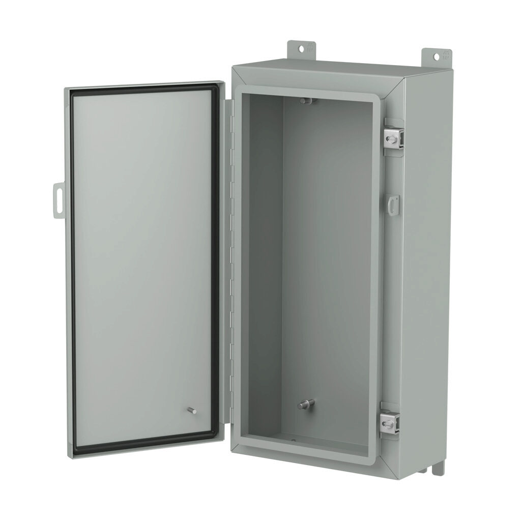 1418AR6LP - Hammond enclosure, NEMA 3R/4/12/13, 24 x 12 x 6in (HxWxD), wall mount, carbon steel, ANSI 61 gray, powder coat finish, single-door, stainless steel clamps, padlock hasp and staple.