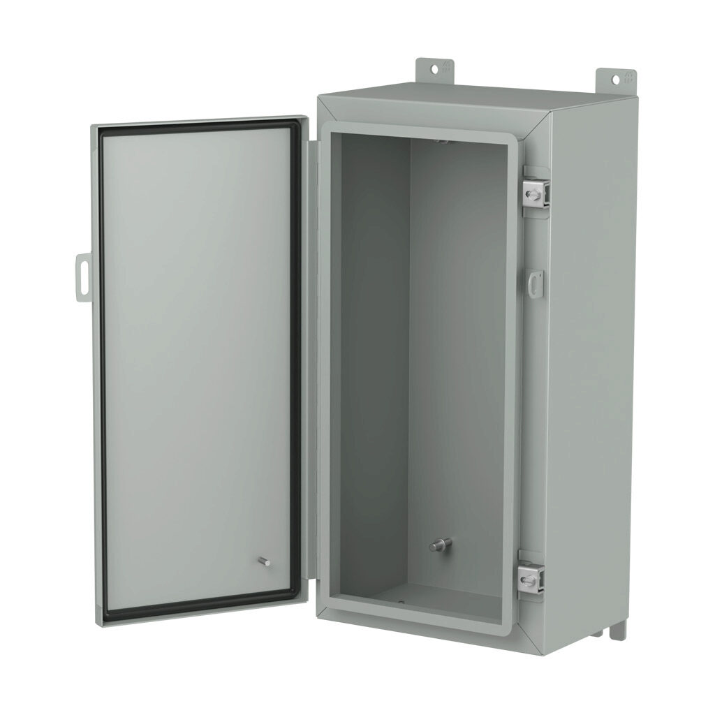 1418AR8LP - Hammond enclosure, NEMA 3R/4/12/13, 24 x 12 x 8in (HxWxD), wall mount, carbon steel, ANSI 61 gray, powder coat finish, single-door, stainless steel clamps, padlock hasp and staple.