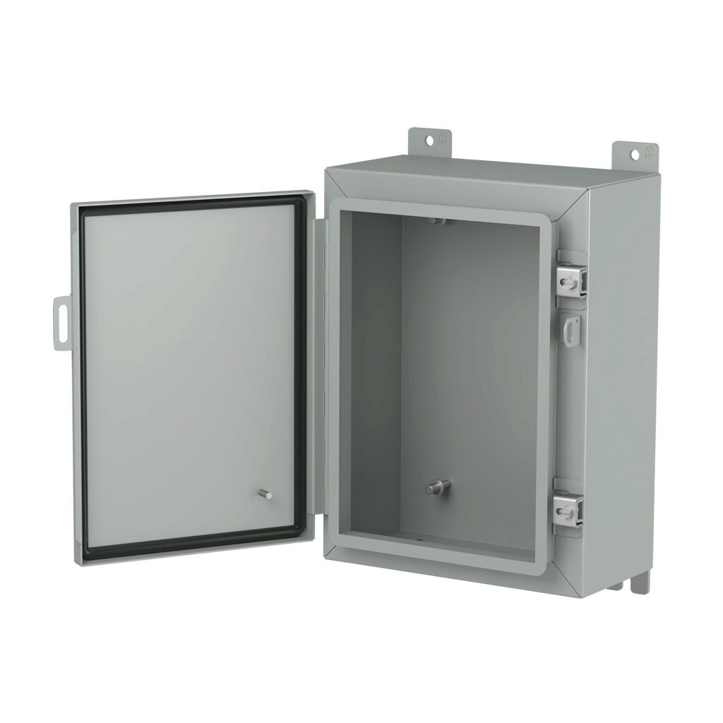 1418B6LP - Hammond enclosure, NEMA 3R/4/12/13, 16 x 12 x 6in (HxWxD), wall mount, carbon steel, ANSI 61 gray, powder coat finish, single-door, stainless steel clamps, padlock hasp and staple.