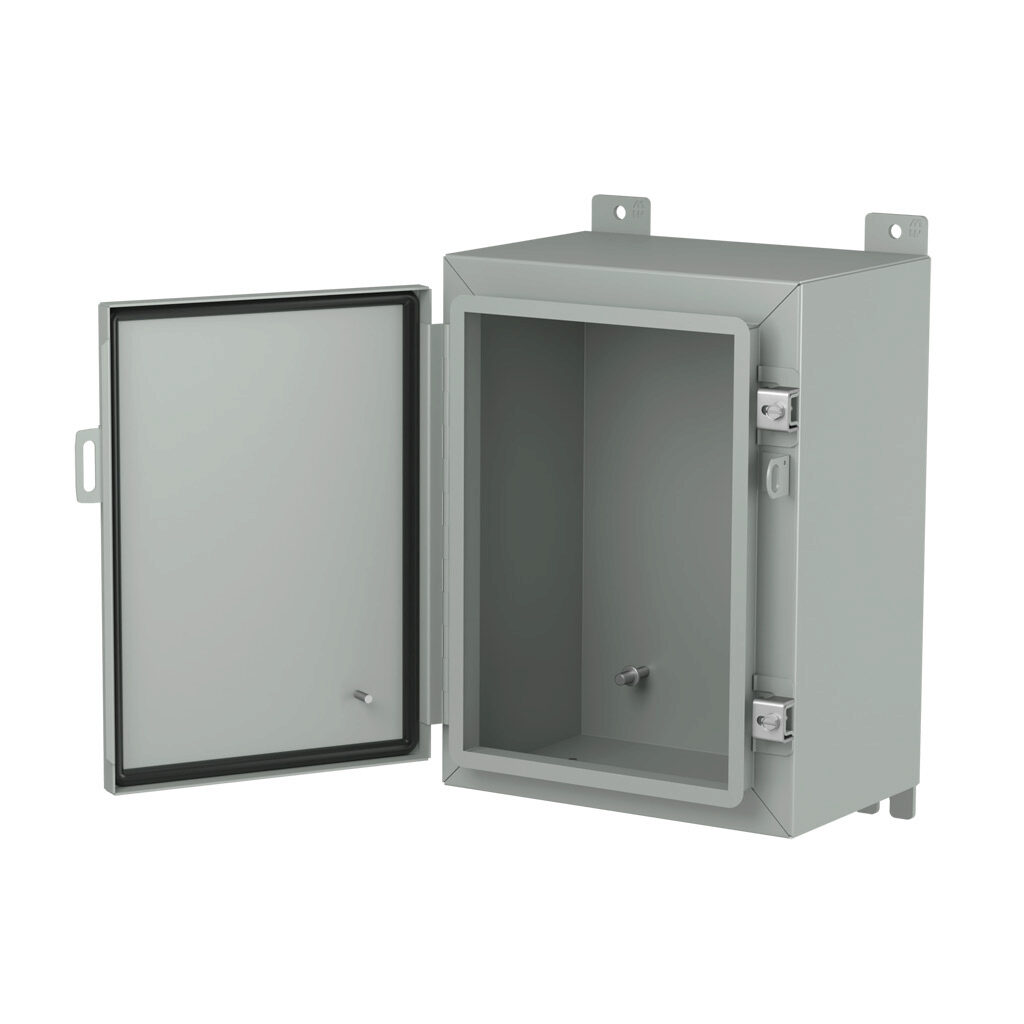 1418B8LP - Hammond enclosure, NEMA 3R/4/12/13, 16 x 12 x 8in (HxWxD), wall mount, carbon steel, ANSI 61 gray, powder coat finish, single-door, stainless steel clamps, padlock hasp and staple.