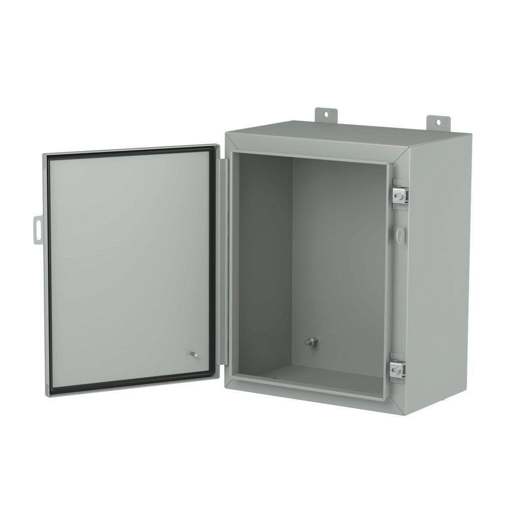 1418C10LP - Hammond enclosure, NEMA 3R/4/12/13, 20 x 16 x 10in (HxWxD), wall mount, carbon steel, ANSI 61 gray, powder coat finish, single-door, stainless steel clamps, padlock hasp and staple.