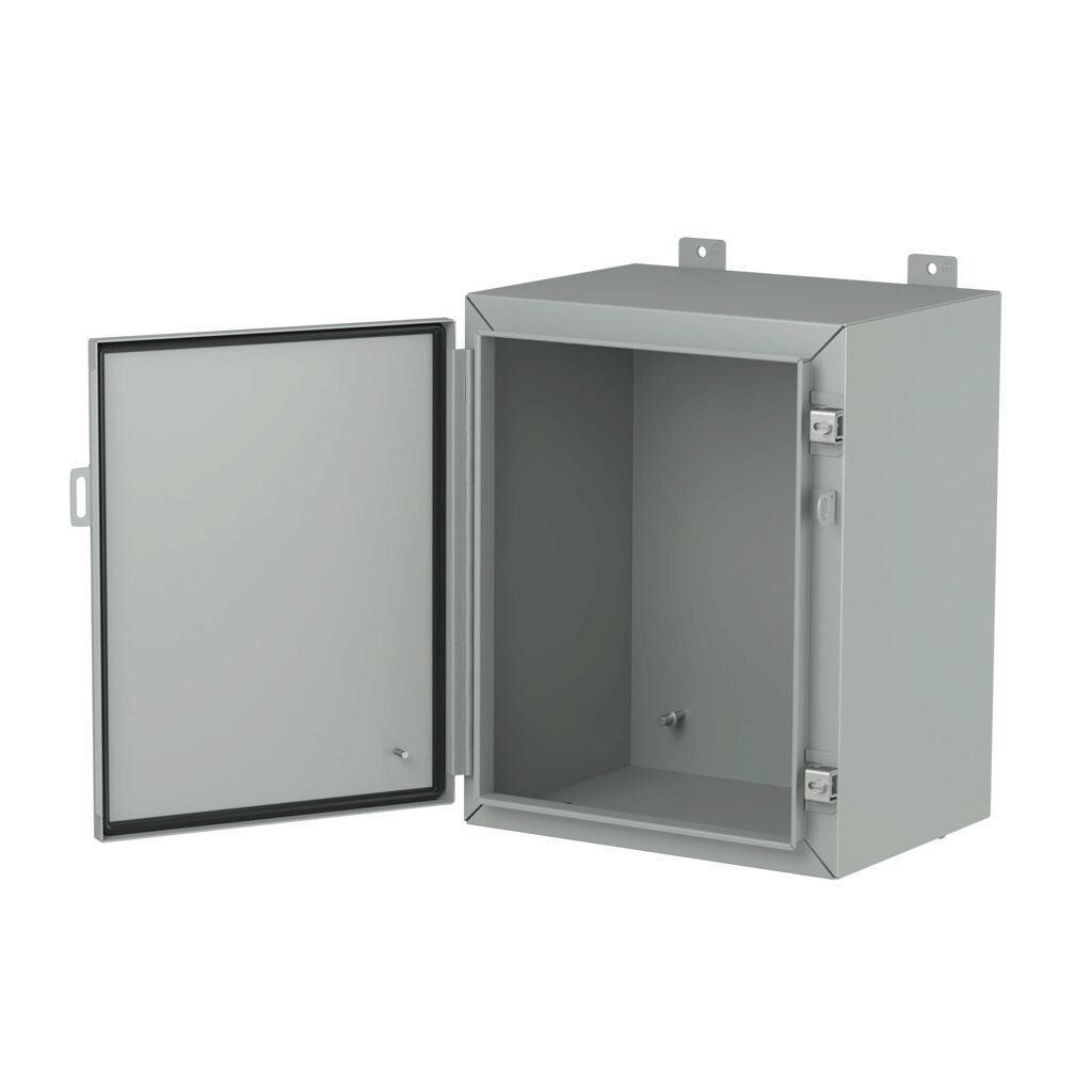 1418C12LP - Hammond enclosure, NEMA 3R/4/12/13, 20 x 16 x 12in (HxWxD), wall mount, carbon steel, ANSI 61 gray, powder coat finish, single-door, stainless steel clamps, padlock hasp and staple.