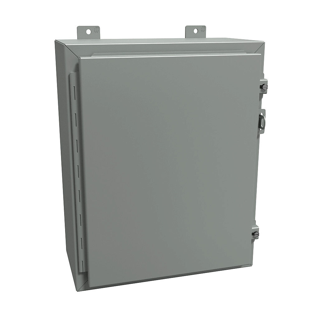 1418C8 - Hammond enclosure, NEMA 12/13, 20 x 16 x 8in (HxWxD), wall mount, carbon steel, ANSI 61 gray, powder coat finish, single-door, stainless steel clamps, padlock hasp and staple.