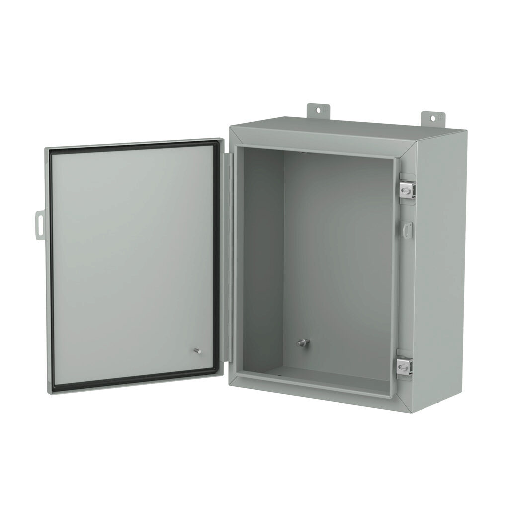1418C8LP - Hammond enclosure, NEMA 3R/4/12/13, 20 x 16 x 8in (HxWxD), wall mount, carbon steel, ANSI 61 gray, powder coat finish, single-door, stainless steel clamps, padlock hasp and staple.