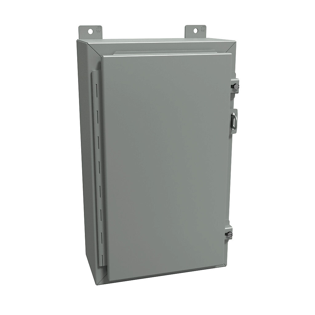 1418CA6 - Hammond enclosure, NEMA 12/13, 20 x 12 x 6in (HxWxD), wall mount, carbon steel, ANSI 61 gray, powder coat finish, single-door, stainless steel clamps, padlock hasp and staple.
