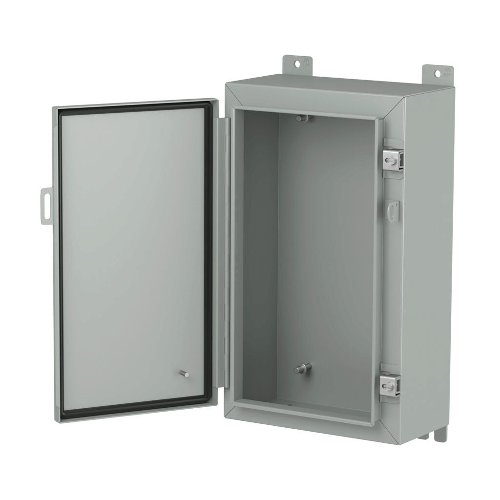 1418CA6LP - Hammond enclosure, NEMA 3R/4/12/13, 20 x 12 x 6in (HxWxD), wall mount, carbon steel, ANSI 61 gray, powder coat finish, single-door, stainless steel clamps, padlock hasp and staple.