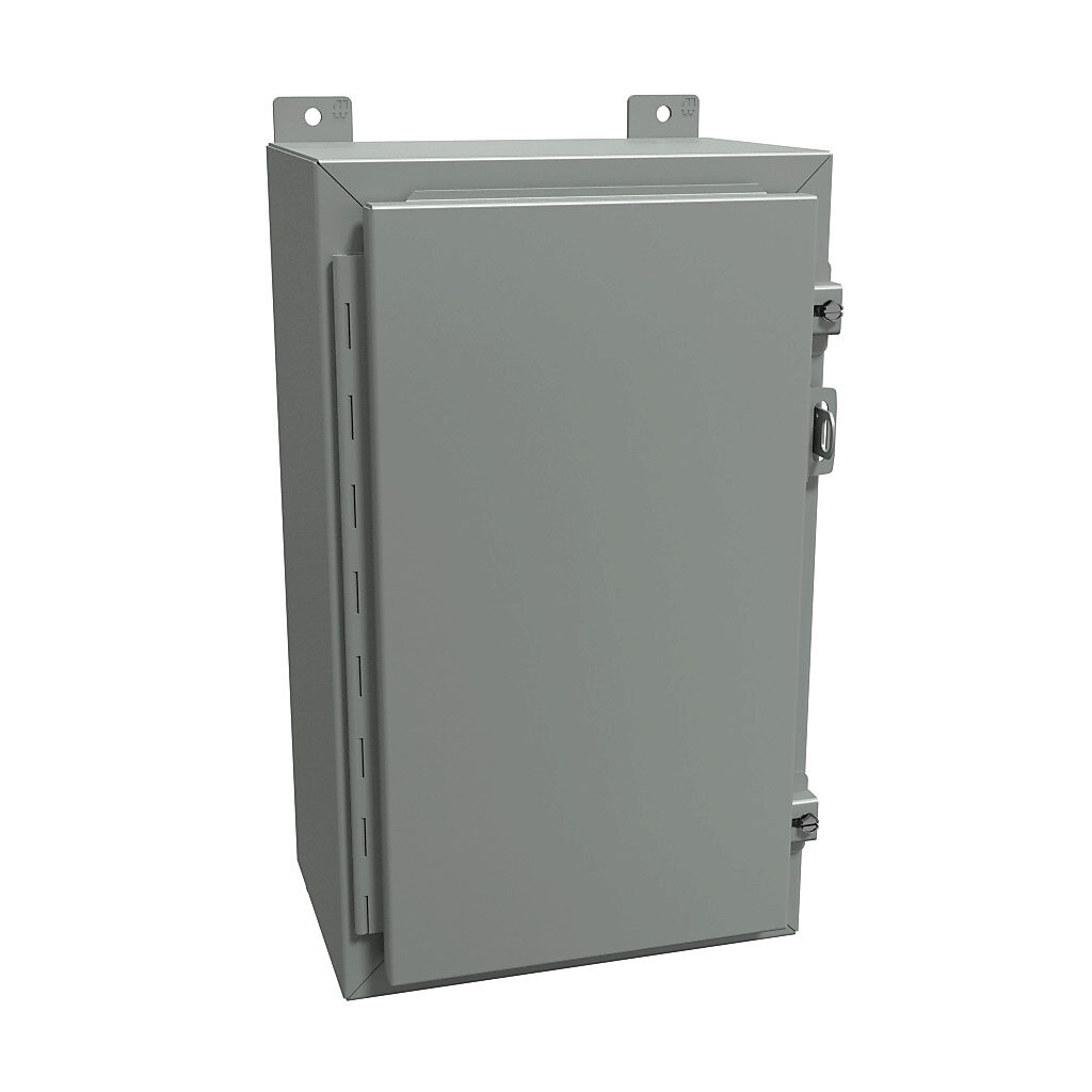 1418CA8 - Hammond enclosure, NEMA 12/13, 20 x 12 x 8in (HxWxD), wall mount, carbon steel, ANSI 61 gray, powder coat finish, single-door, stainless steel clamps, padlock hasp and staple.