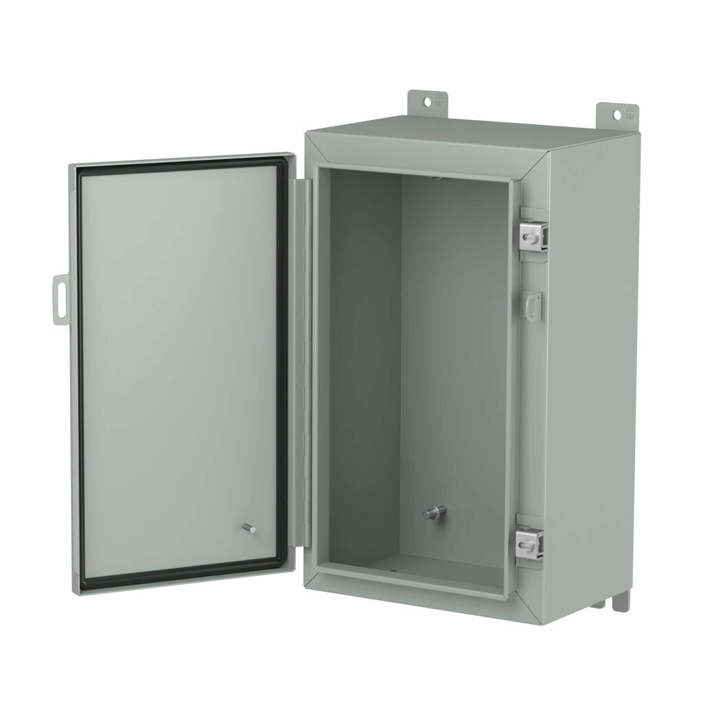 1418CA8LP - Hammond enclosure, NEMA 3R/4/12/13, 20 x 12 x 8in (HxWxD), wall mount, carbon steel, ANSI 61 gray, powder coat finish, single-door, stainless steel clamps, padlock hasp and staple.