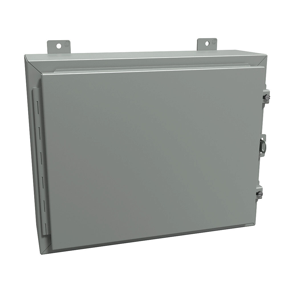 1418CR6 - Hammond enclosure, NEMA 12/13, 16 x 20 x 6in (HxWxD), wall mount, carbon steel, ANSI 61 gray, powder coat finish, single-door, stainless steel clamps, padlock hasp and staple.