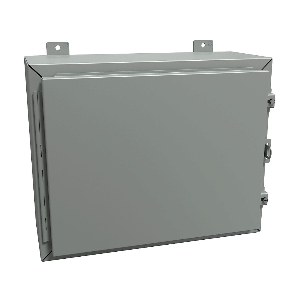 1418CR8 - Hammond enclosure, NEMA 12/13, 16 x 20 x 8in (HxWxD), wall mount, carbon steel, ANSI 61 gray, powder coat finish, single-door, stainless steel clamps, padlock hasp and staple.