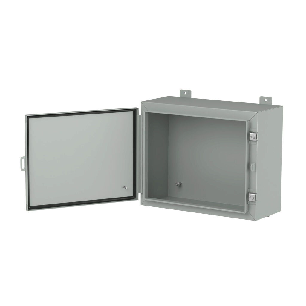 1418CR8LP - Hammond enclosure, NEMA 3R/4/12/13, 16 x 20 x 8in (HxWxD), wall mount, carbon steel, ANSI 61 gray, powder coat finish, single-door, stainless steel clamps, padlock hasp and staple.