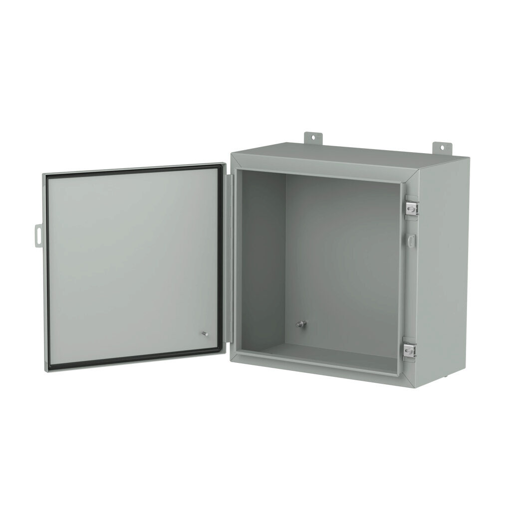1418D10LP - Hammond enclosure, NEMA 3R/4/12/13, 20 x 20 x 10in (HxWxD), wall mount, carbon steel, ANSI 61 gray, powder coat finish, single-door, stainless steel clamps, padlock hasp and staple.