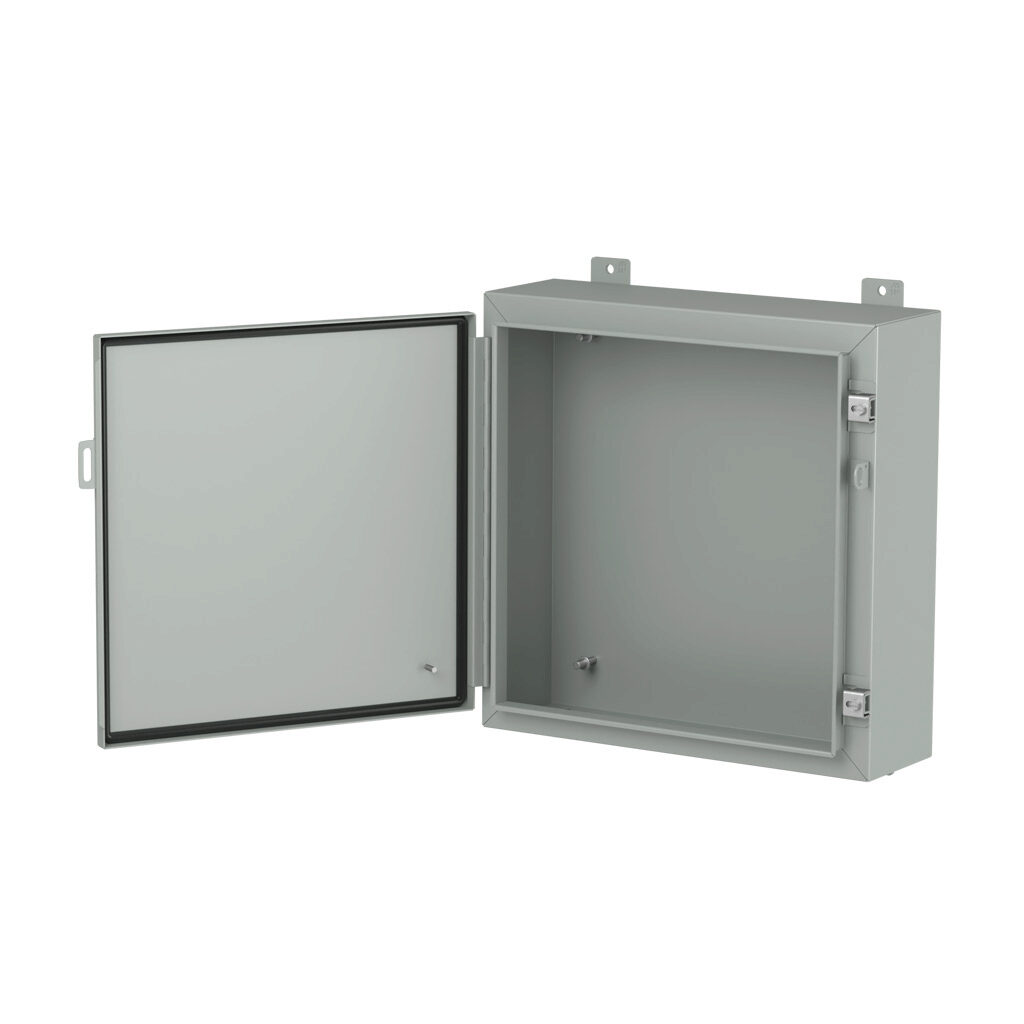 1418D6LP - Hammond enclosure, NEMA 3R/4/12/13, 20 x 20 x 6in (HxWxD), wall mount, carbon steel, ANSI 61 gray, powder coat finish, single-door, stainless steel clamps, padlock hasp and staple.