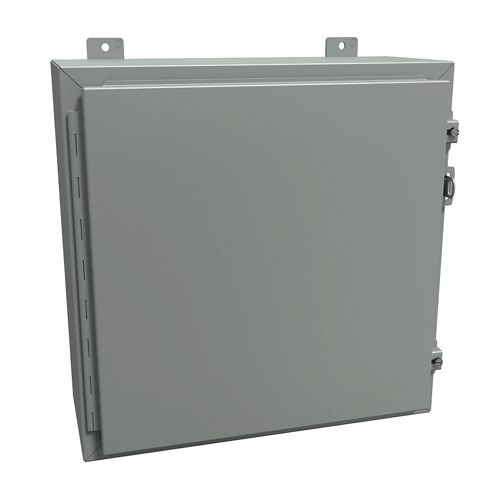 1418D8 - Hammond enclosure, NEMA 12/13, 20 x 20 x 8in (HxWxD), wall mount, carbon steel, ANSI 61 gray, powder coat finish, single-door, stainless steel clamps, padlock hasp and staple.