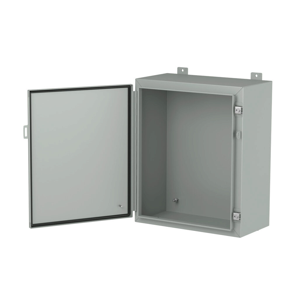 1418E10LP - Hammond enclosure, NEMA 3R/4/12/13, 24 x 20 x 10in (HxWxD), wall mount, carbon steel, ANSI 61 gray, powder coat finish, single-door, stainless steel clamps, padlock hasp and staple.