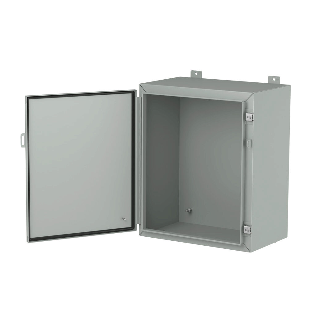 1418E12LP - Hammond enclosure, NEMA 3R/4/12/13, 24 x 20 x 12in (HxWxD), wall mount, carbon steel, ANSI 61 gray, powder coat finish, single-door, stainless steel clamps, padlock hasp and staple.