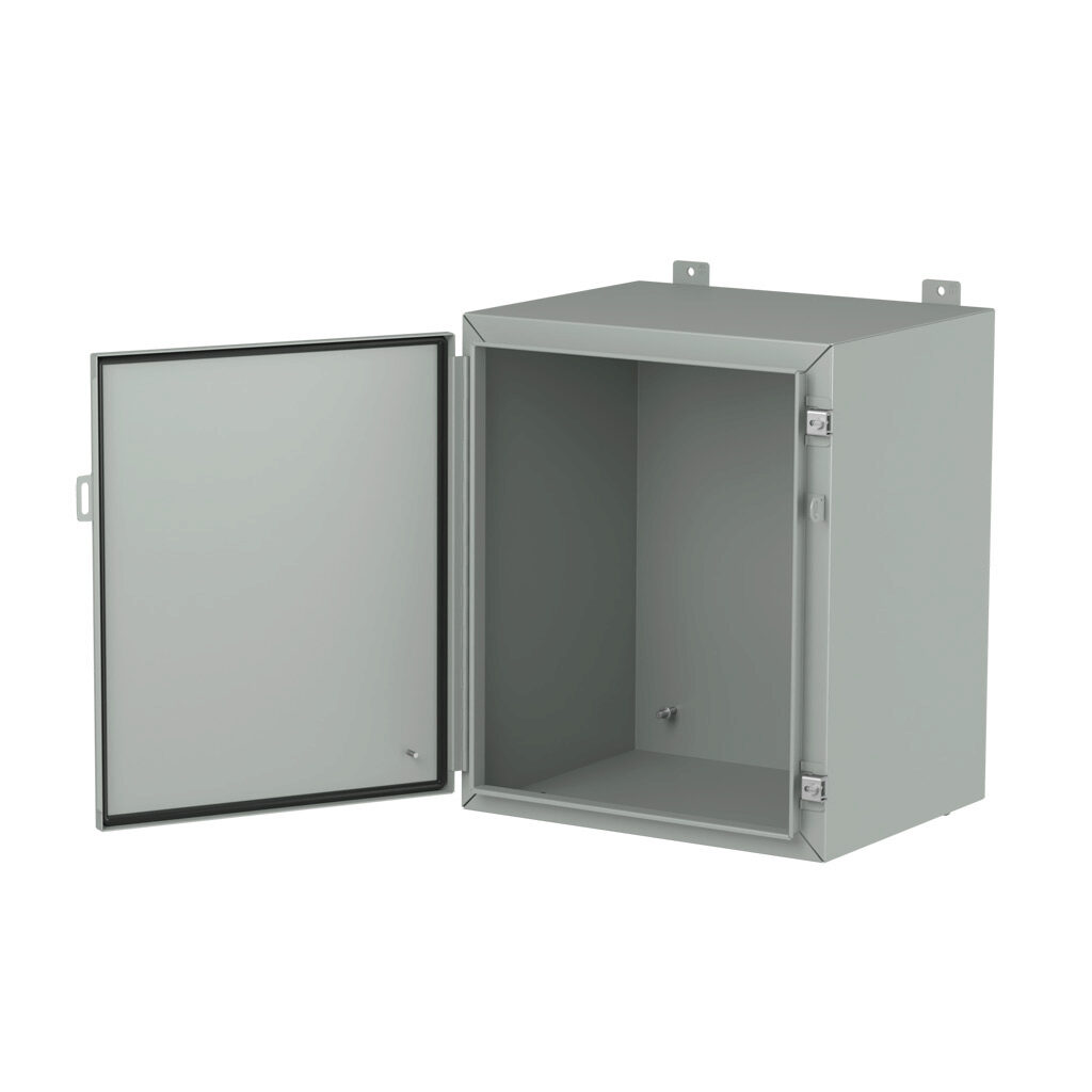 1418E16LP - Hammond enclosure, NEMA 3R/4/12/13, 24 x 20 x 16in (HxWxD), wall mount, carbon steel, ANSI 61 gray, powder coat finish, single-door, stainless steel clamps, padlock hasp and staple.