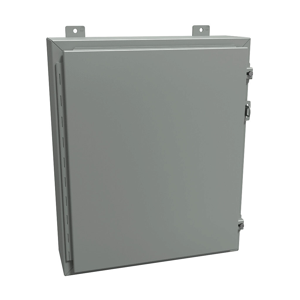 1418E6 - Hammond enclosure, NEMA 12/13, 24 x 20 x 6in (HxWxD), wall mount, carbon steel, ANSI 61 gray, powder coat finish, single-door, stainless steel clamps, padlock hasp and staple.