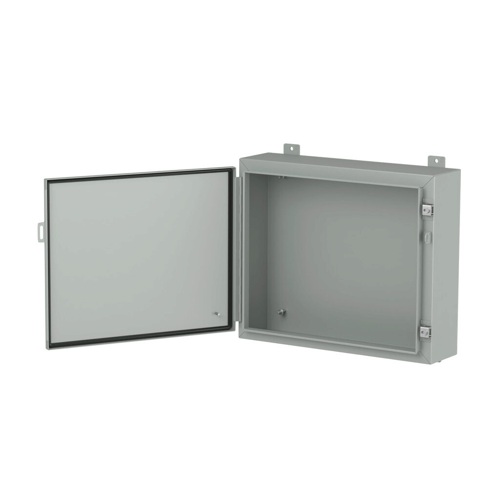 1418ER6LP - Hammond enclosure, NEMA 3R/4/12/13, 20 x 24 x 6in (HxWxD), wall mount, carbon steel, ANSI 61 gray, powder coat finish, single-door, stainless steel clamps, padlock hasp and staple.