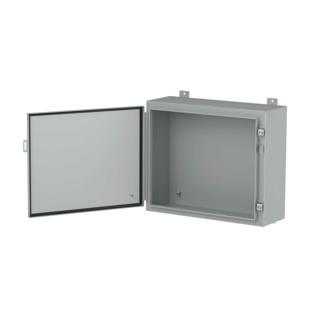 1418ER8LP - Hammond enclosure, NEMA 3R/4/12/13, 20 x 24 x 8in (HxWxD), wall mount, carbon steel, ANSI 61 gray, powder coat finish, single-door, stainless steel clamps, padlock hasp and staple.
