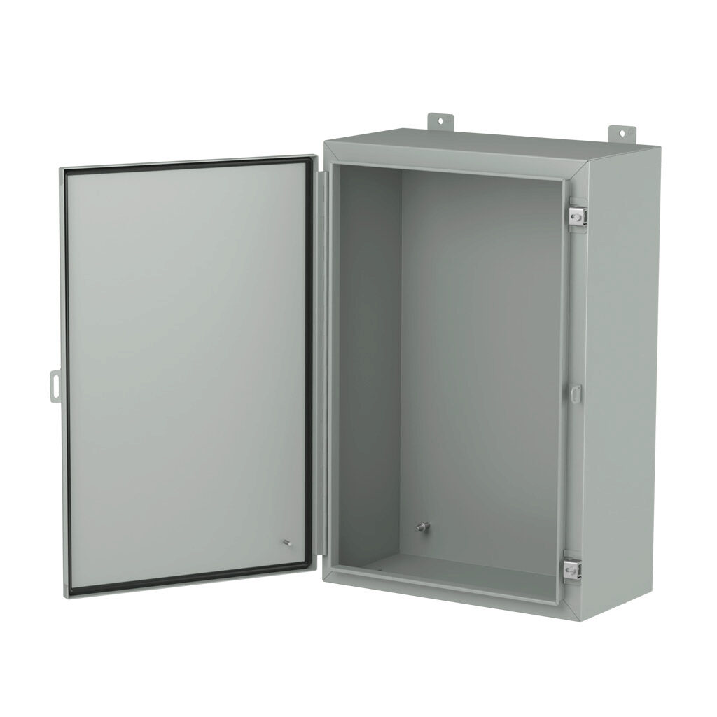 1418F10LP - Hammond enclosure, NEMA 3R/4/12/13, 30 x 20 x 10in (HxWxD), wall mount, carbon steel, ANSI 61 gray, powder coat finish, single-door, stainless steel clamps, padlock hasp and staple.