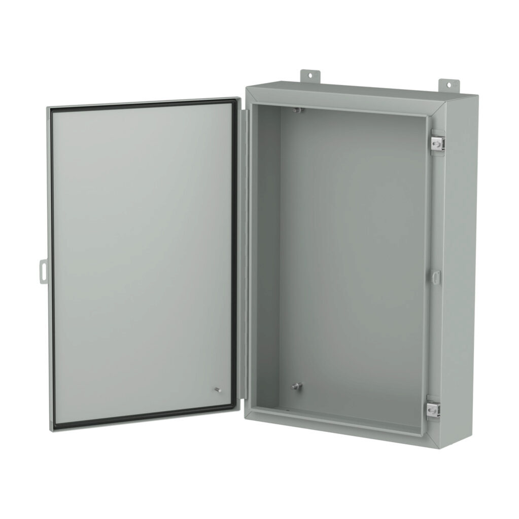 1418F6LP - Hammond enclosure, NEMA 3R/4/12/13, 30 x 20 x 6in (HxWxD), wall mount, carbon steel, ANSI 61 gray, powder coat finish, single-door, stainless steel clamps, padlock hasp and staple.