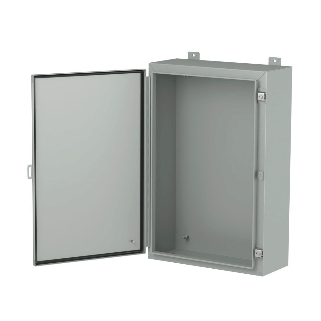 1418F8LP - Hammond enclosure, NEMA 3R/4/12/13, 30 x 20 x 8in (HxWxD), wall mount, carbon steel, ANSI 61 gray, powder coat finish, single-door, stainless steel clamps, padlock hasp and staple.