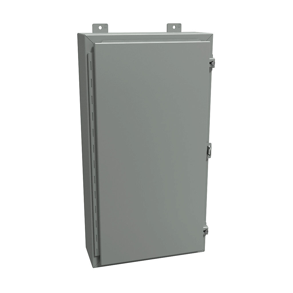 1418FG6 - Hammond enclosure, NEMA 12/13, 30 x 16 x 6in (HxWxD), wall mount, carbon steel, ANSI 61 gray, powder coat finish, single-door, stainless steel clamps, padlock hasp and staple.