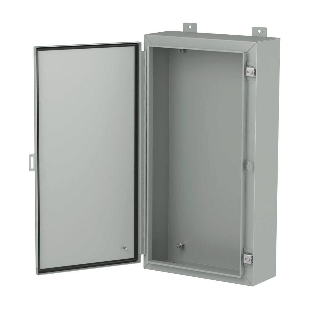 1418FG6LP - Hammond enclosure, NEMA 3R/4/12/13, 30 x 16 x 6in (HxWxD), wall mount, carbon steel, ANSI 61 gray, powder coat finish, single-door, stainless steel clamps, padlock hasp and staple.