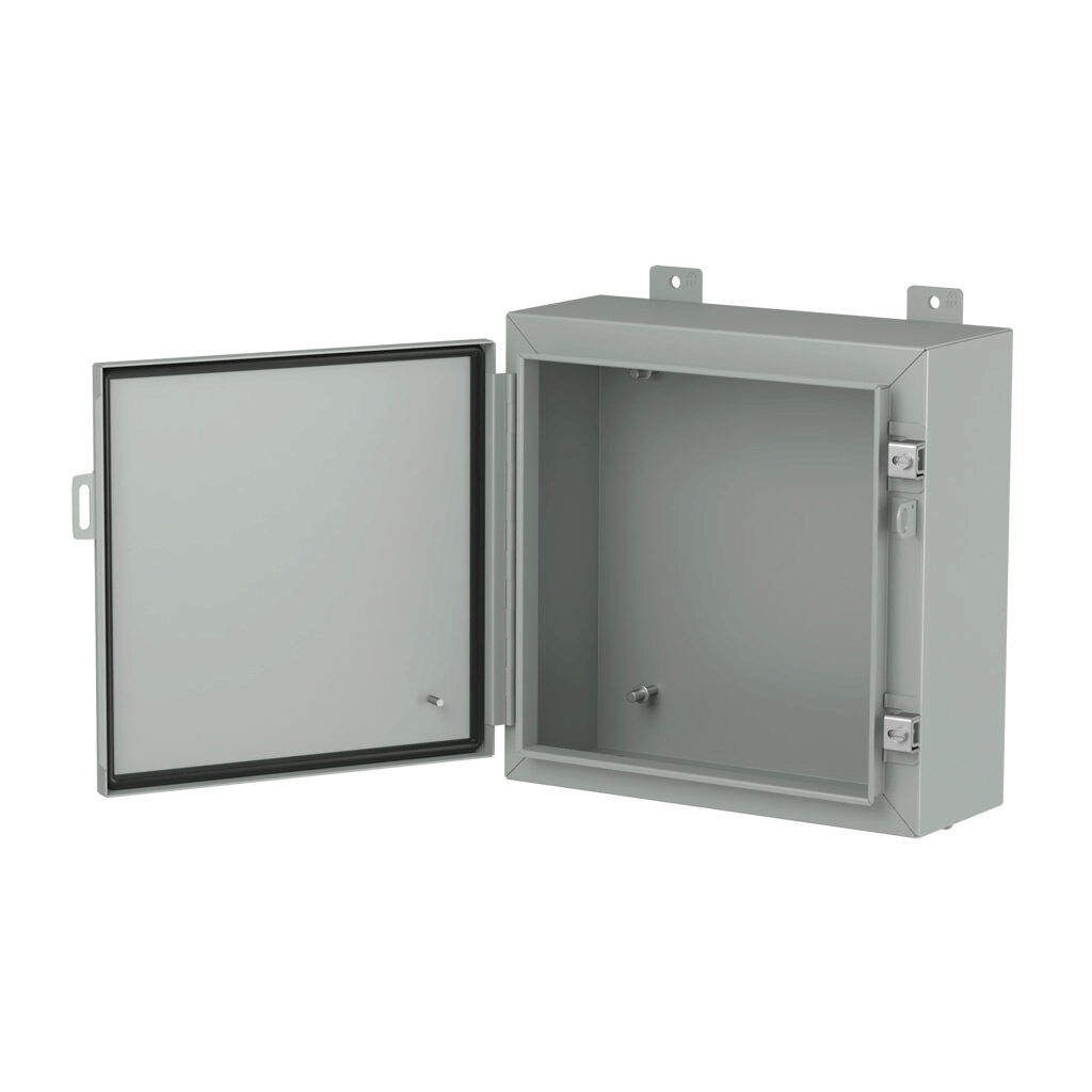 1418G6LP - Hammond enclosure, NEMA 3R/4/12/13, 16 x 16 x 6in (HxWxD), wall mount, carbon steel, ANSI 61 gray, powder coat finish, single-door, stainless steel clamps, padlock hasp and staple.