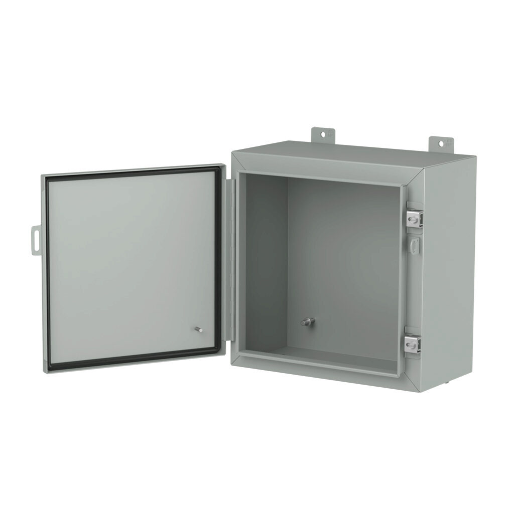 1418G8LP - Hammond enclosure, NEMA 3R/4/12/13, 16 x 16 x 8in (HxWxD), wall mount, carbon steel, ANSI 61 gray, powder coat finish, single-door, stainless steel clamps, padlock hasp and staple.