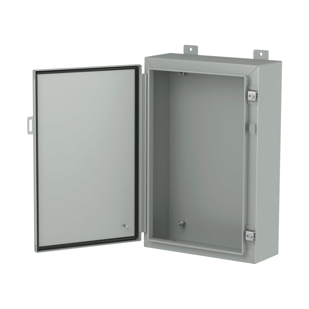1418H6LP - Hammond enclosure, NEMA 3R/4/12/13, 24 x 16 x 6in (HxWxD), wall mount, carbon steel, ANSI 61 gray, powder coat finish, single-door, stainless steel clamps, padlock hasp and staple.