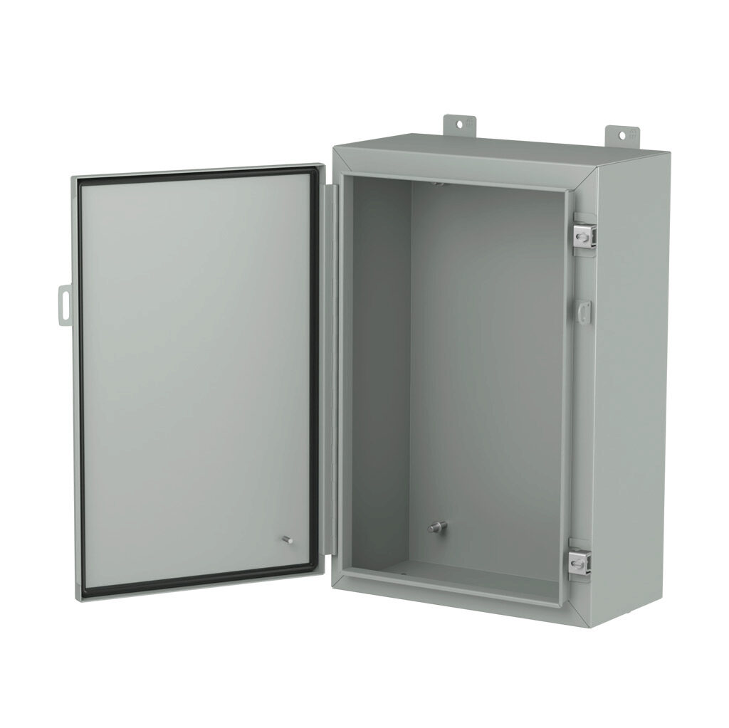 1418H8LP - Hammond enclosure, NEMA 3R/4/12/13, 24 x 16 x 8in (HxWxD), wall mount, carbon steel, ANSI 61 gray, powder coat finish, single-door, stainless steel clamps, padlock hasp and staple.