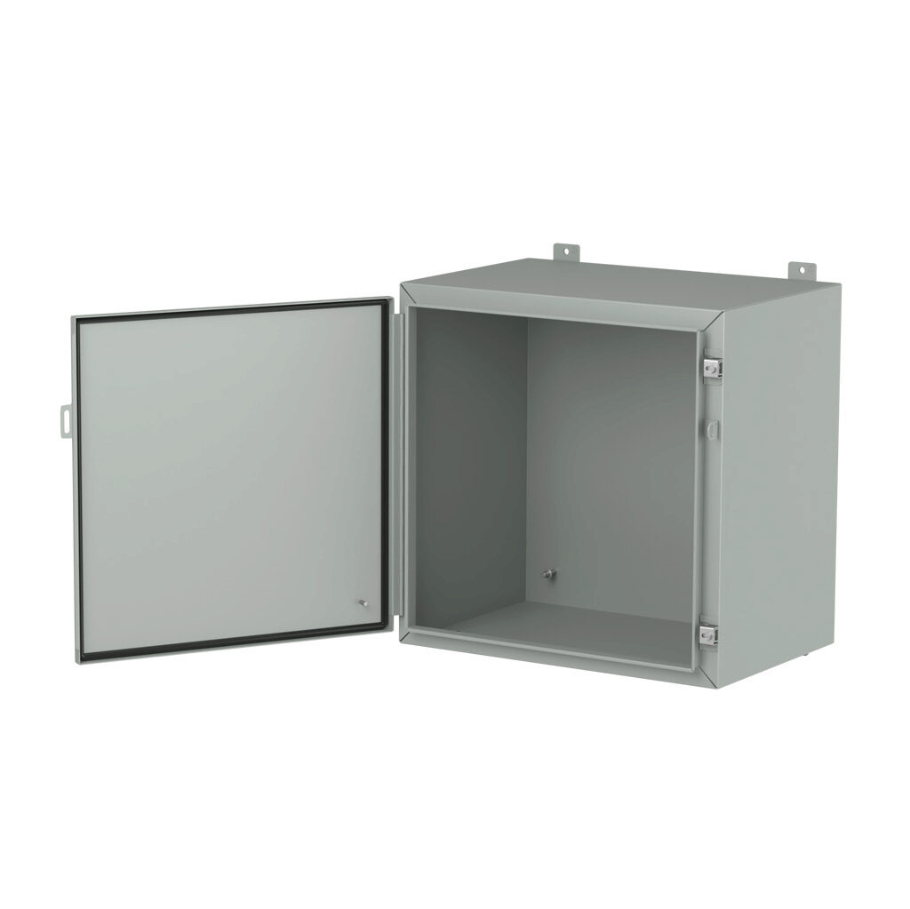 1418J16LP - Hammond enclosure, NEMA 3R/4/12/13, 24 x 24 x 16in (HxWxD), wall mount, carbon steel, ANSI 61 gray, powder coat finish, single-door, stainless steel clamps, padlock hasp and staple.