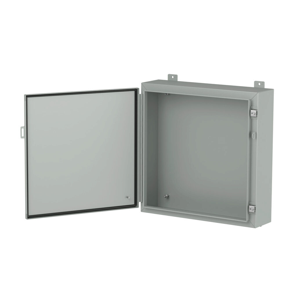 1418J6LP - Hammond enclosure, NEMA 3R/4/12/13, 24 x 24 x 6in (HxWxD), wall mount, carbon steel, ANSI 61 gray, powder coat finish, single-door, stainless steel clamps, padlock hasp and staple.