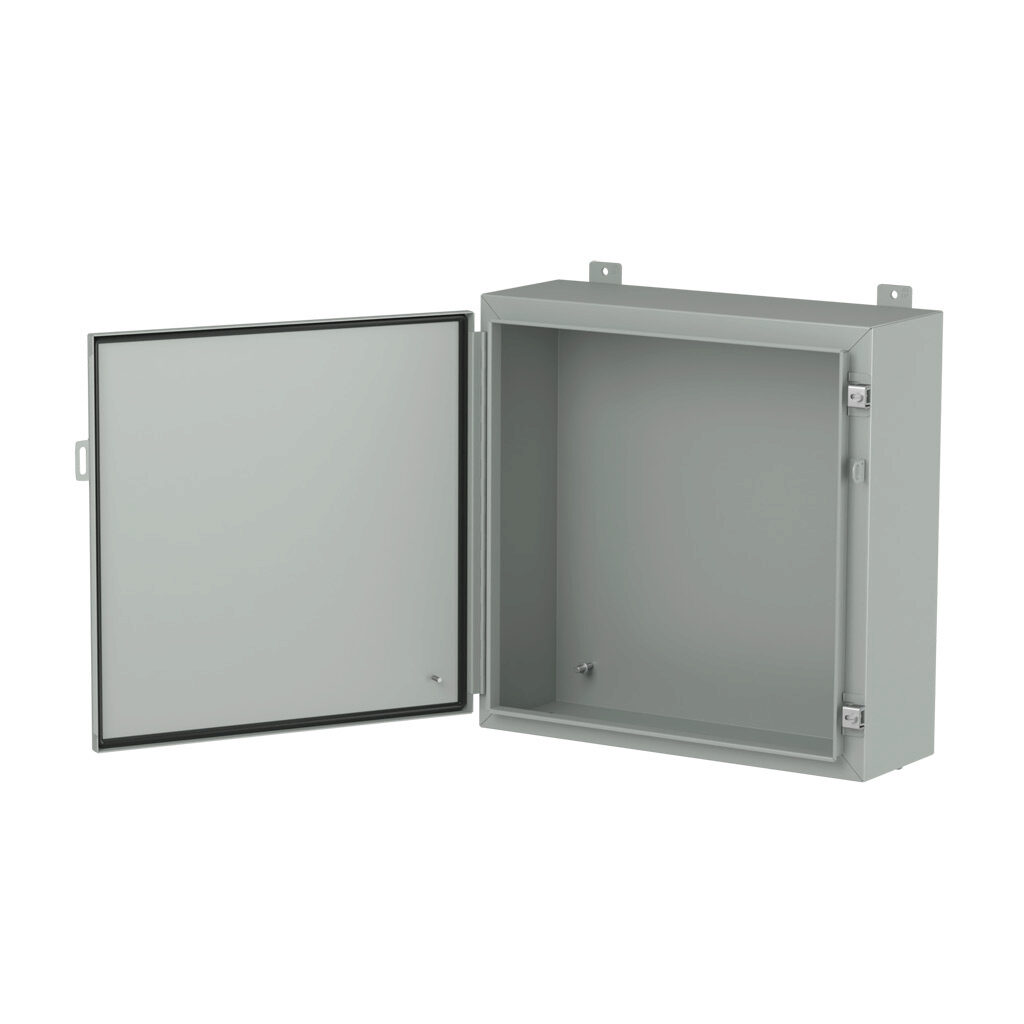 1418J8LP - Hammond enclosure, NEMA 3R/4/12/13, 24 x 24 x 8in (HxWxD), wall mount, carbon steel, ANSI 61 gray, powder coat finish, single-door, stainless steel clamps, padlock hasp and staple.