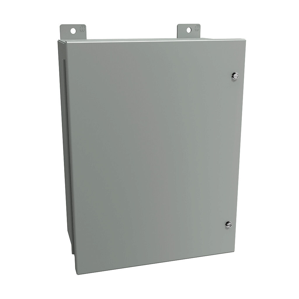 1418JB7 - Hammond enclosure, NEMA 12, 16 x 12 x 7in (HxWxD), wall mount, carbon steel, ANSI 61 gray, powder coat finish, hinged screw cover.