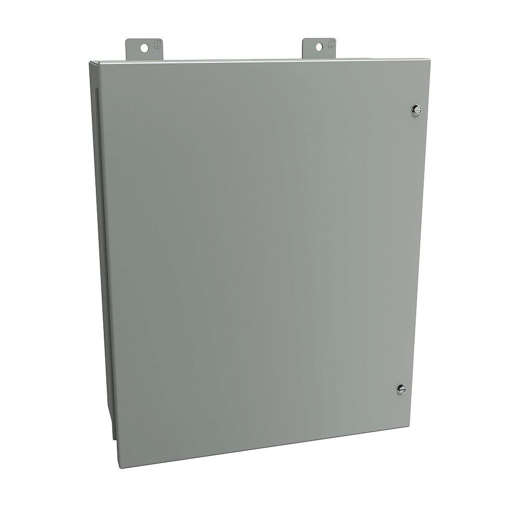 1418JC7 - Hammond enclosure, NEMA 12, 20 x 16 x 7in (HxWxD), wall mount, carbon steel, ANSI 61 gray, powder coat finish, hinged screw cover.