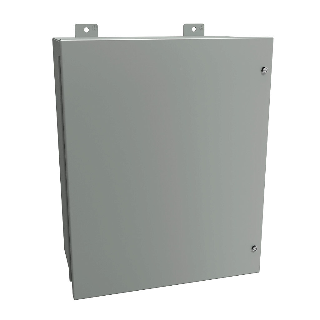 1418JC9 - Hammond enclosure, NEMA 12, 20 x 16 x 9in (HxWxD), wall mount, carbon steel, ANSI 61 gray, powder coat finish, hinged screw cover.