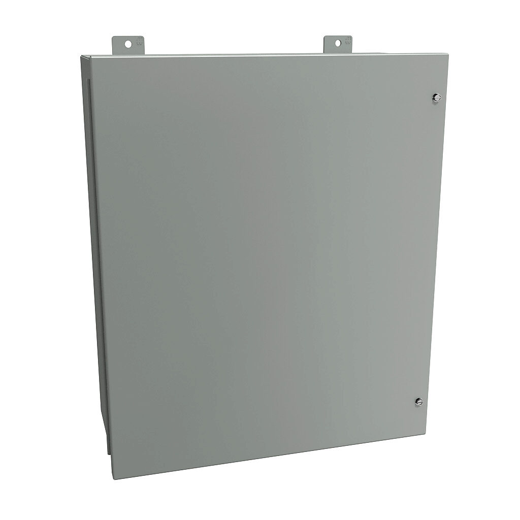 1418JE9 - Hammond enclosure, NEMA 12, 24 x 20 x 9in (HxWxD), wall mount, carbon steel, ANSI 61 gray, powder coat finish, hinged screw cover.