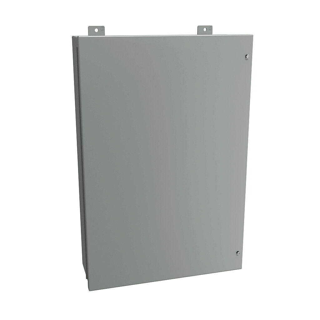 1418JF7 - Hammond enclosure, NEMA 12, 30 x 20 x 7in (HxWxD), wall mount, carbon steel, ANSI 61 gray, powder coat finish, hinged screw cover.