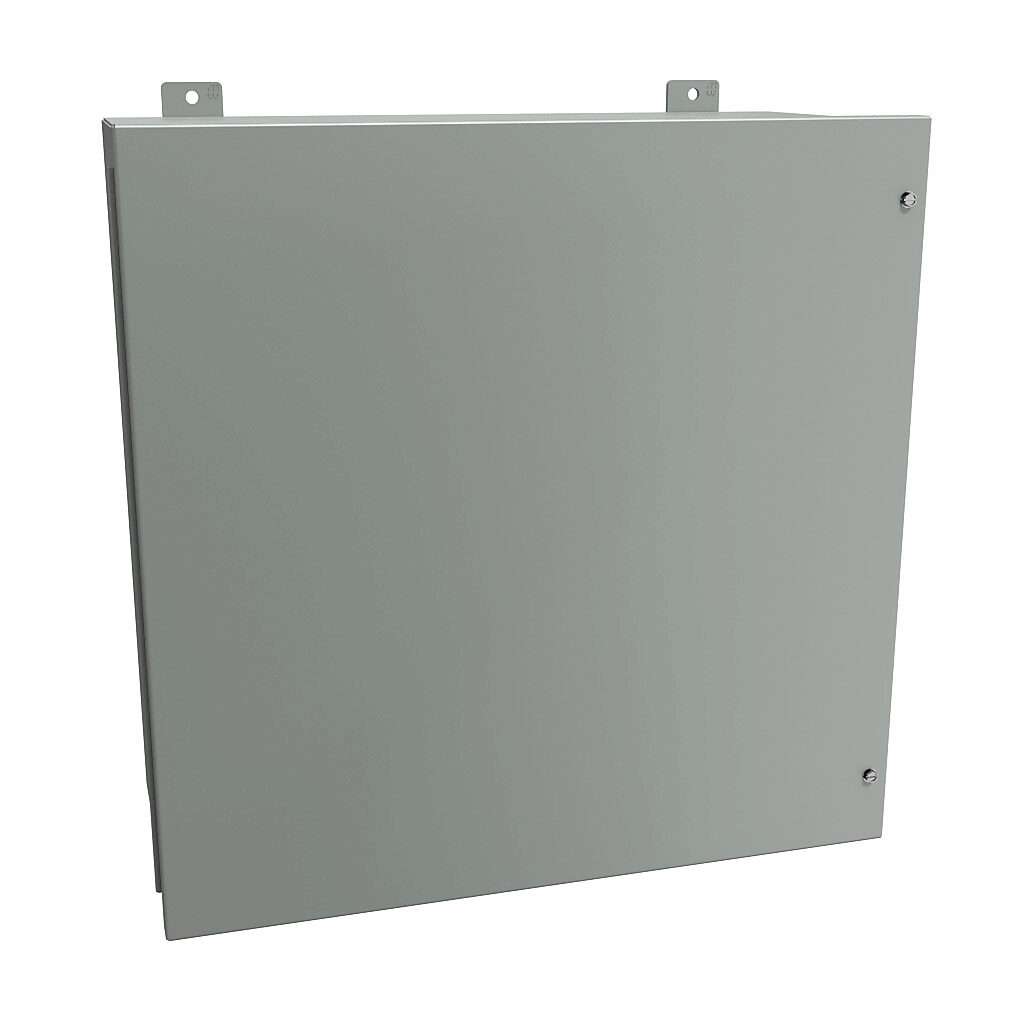 1418JJ11 - Hammond enclosure, NEMA 12, 24 x 24 x 11in (HxWxD), wall mount, carbon steel, ANSI 61 gray, powder coat finish, hinged screw cover.