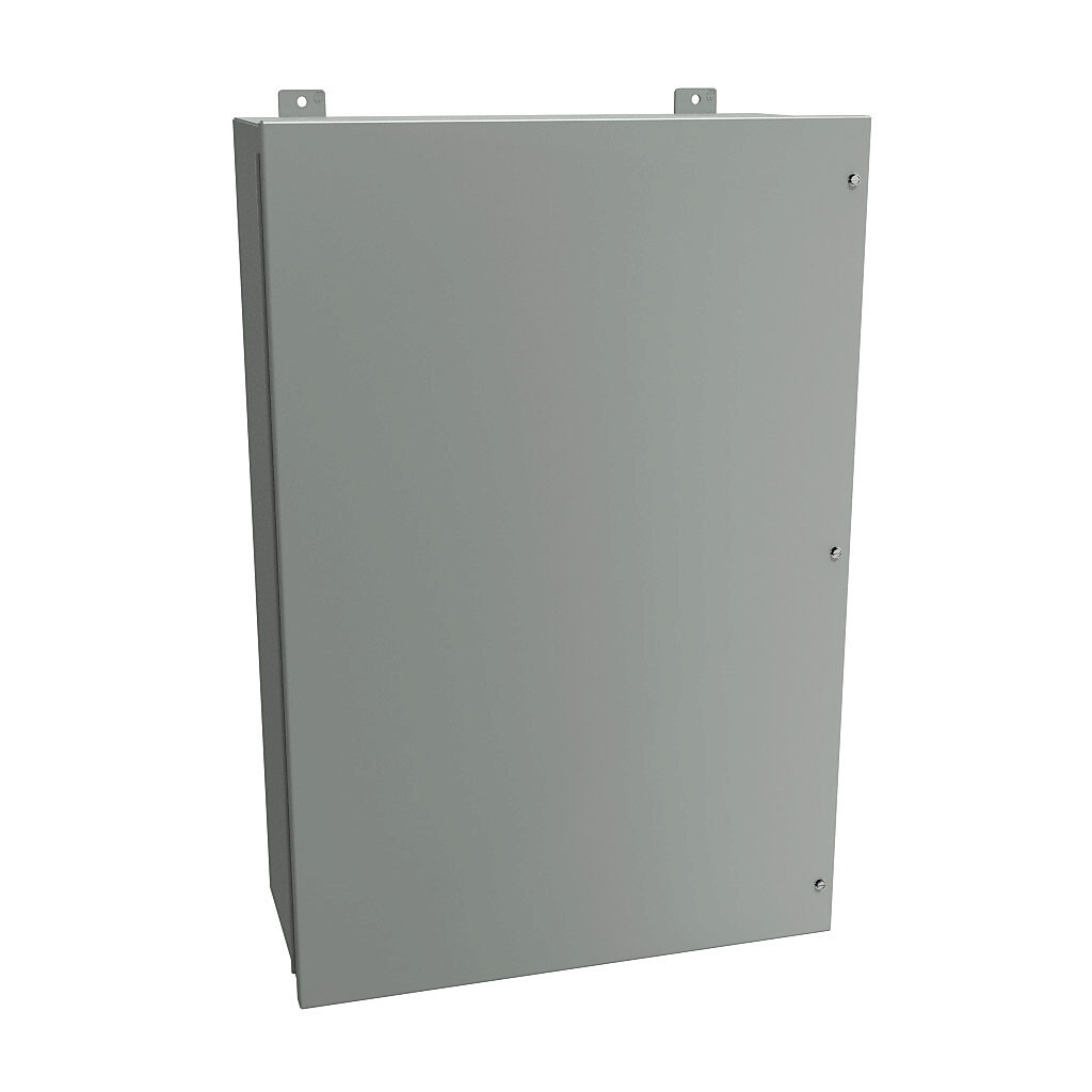 1418JL11 - Hammond enclosure, NEMA 12, 36 x 24 x 11in (HxWxD), wall mount, carbon steel, ANSI 61 gray, powder coat finish, hinged screw cover.